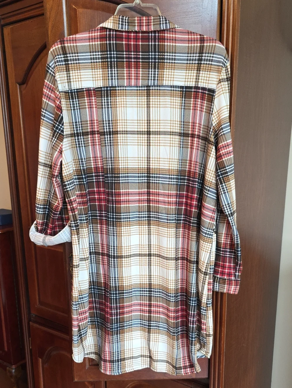 Passport Multicolor Plaid Midi Shirt Jacket - Cream, Brown, Red 2x
